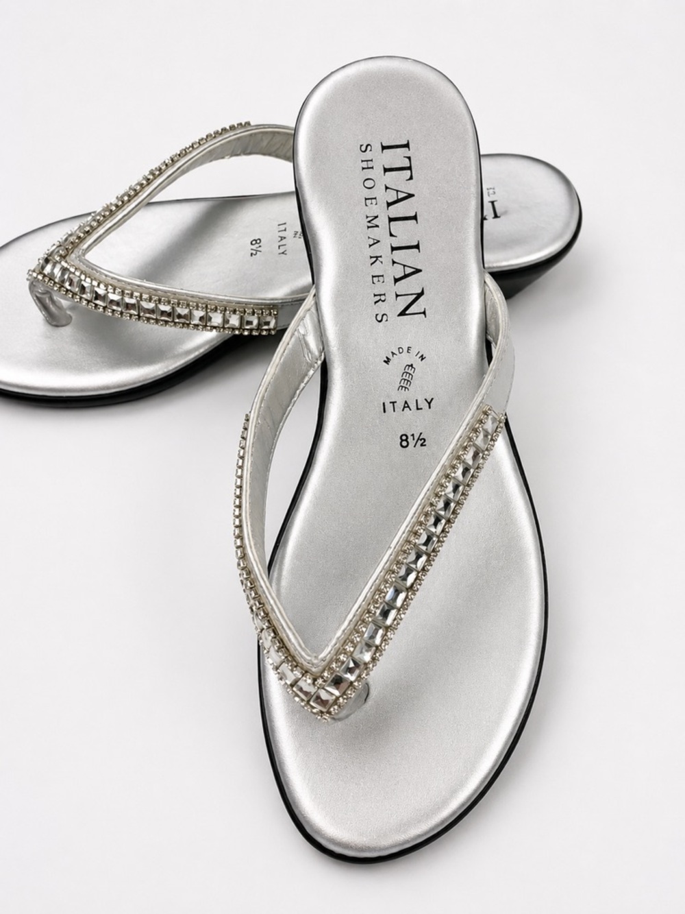 Italian Shoemakers Sandals Women 8.5 Silver Rhinestone Thong Made in Italy